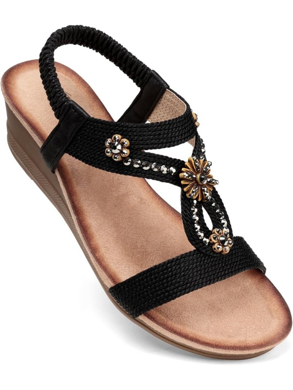 Women's Black Pearl Rhinestone Elastic Strap Open Toe Low Heel Wedge Sandals